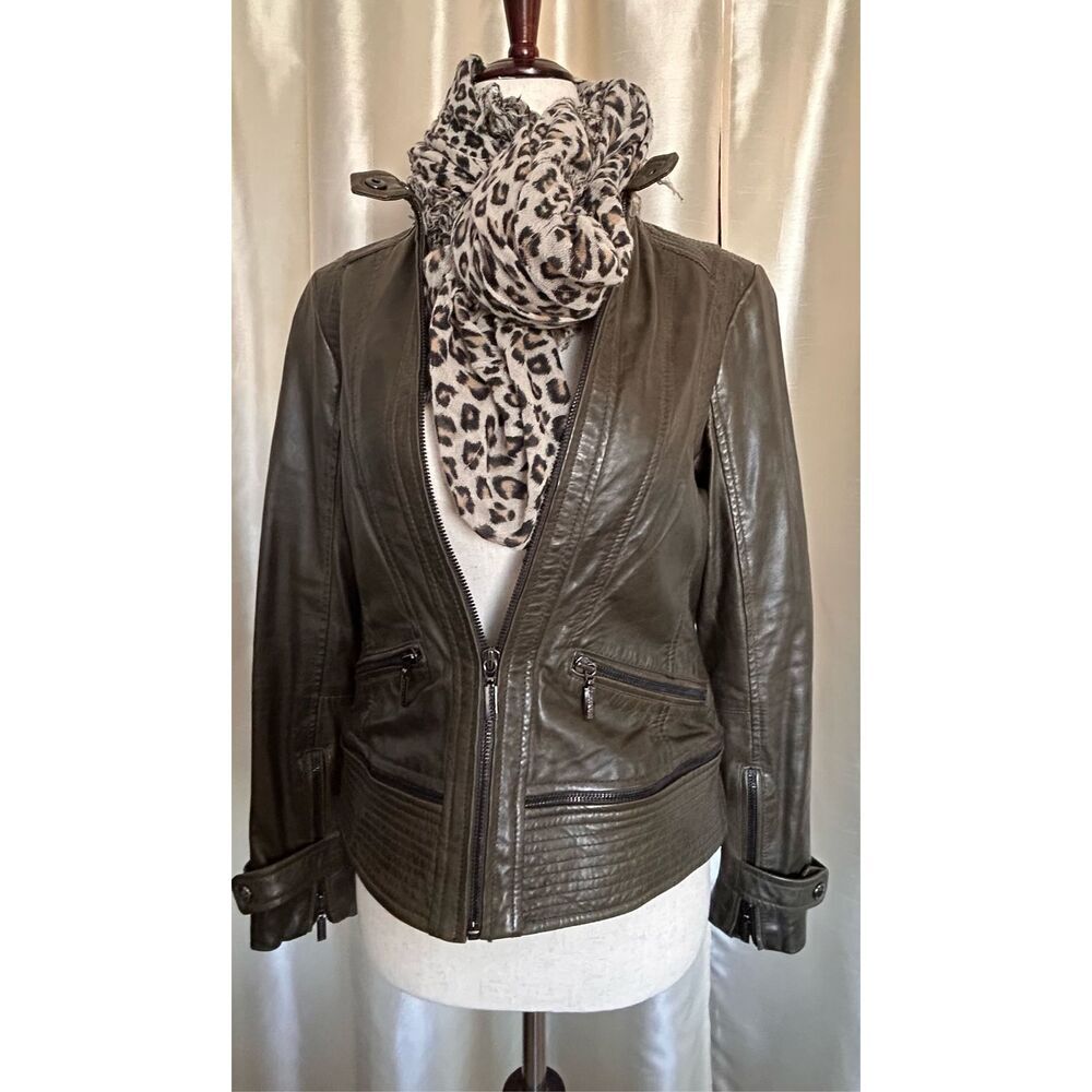 Bernardo Genuine Leather Moto Jacket Zip Front Dark Olive Green Small Petite